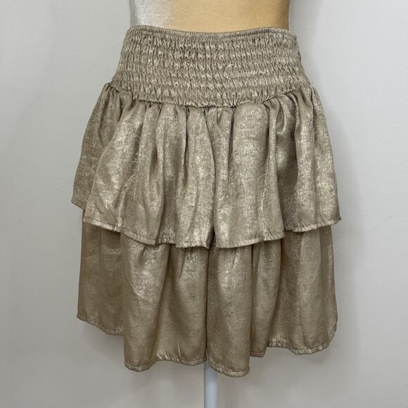 NWT Sofia Made In Italy Orleans Smocked Tiered Mini Skirt One Size Gold - Picture 8 of 13